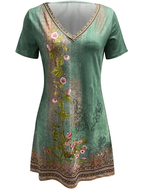Vintage V-neck Short Sleeve Floral Dress