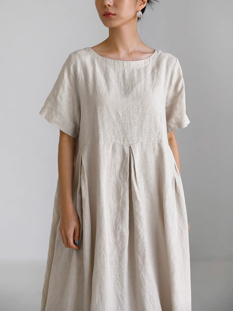 Short-sleeved Cotton and Linen Midi Dress