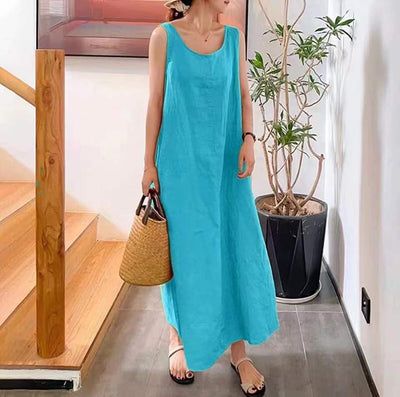 Robe longue sans manches à col rond en coton et lin