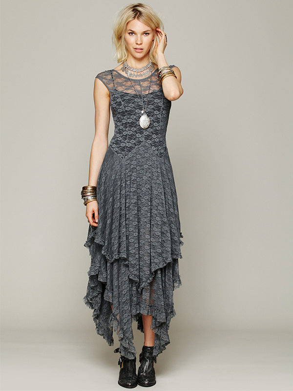 French Romantic Irregular Hem Lace Maxi Dress