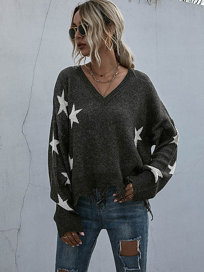 Star V-neck Fringe Knitted Sweater