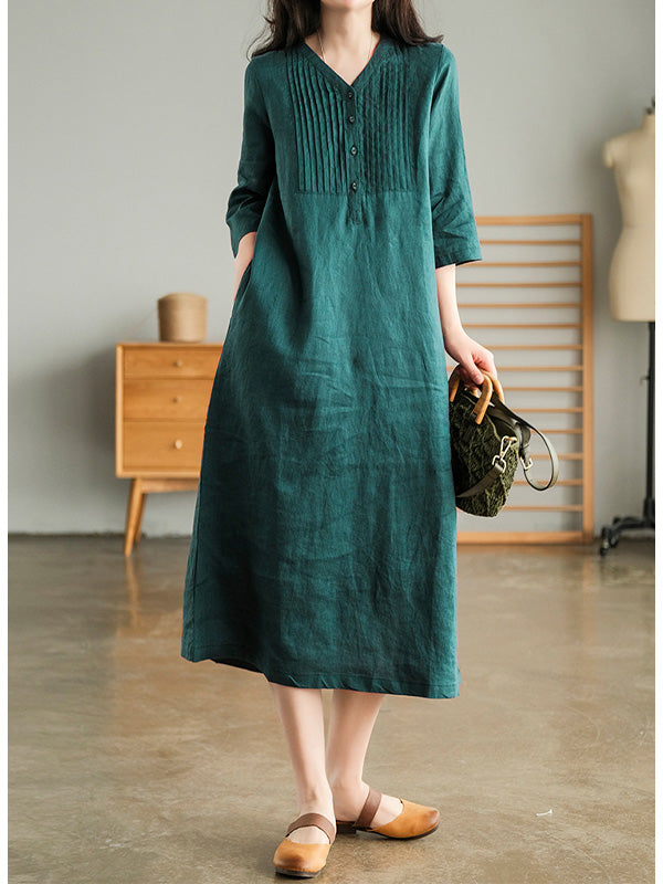 V Neck 1/2 Sleeve Gathered Loose Cotton Dress