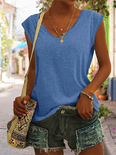 V-Neck Cap Sleeve Loose T-Shirt