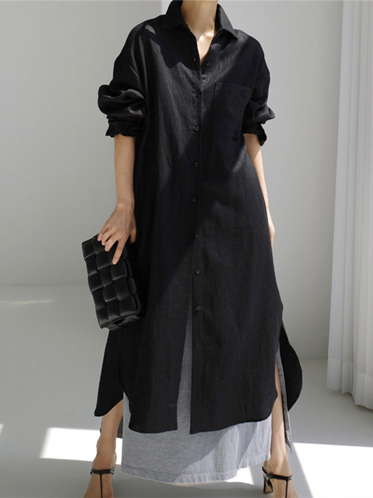 Cotton and Linen Shirt Dress with Side Slits