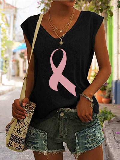 Pink Ribbon Print Cap Sleeve T-Shirt