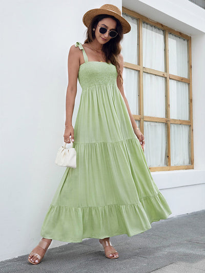 Tie Strap Smocked Tiered  Maxi Dress