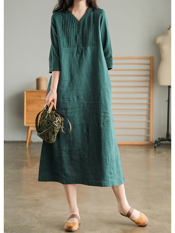 V Neck 1/2 Sleeve Gathered Loose Cotton Dress