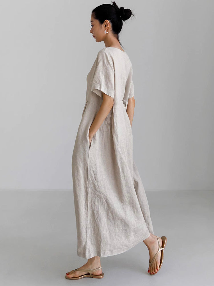 Short-sleeved Cotton and Linen Midi Dress