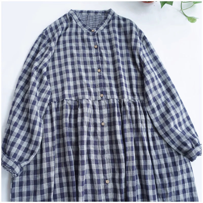 Robe mi-longue à carreaux et col roulé en coton