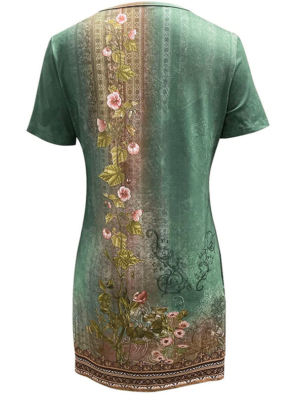 Vestido floral de manga corta con cuello en V vintage