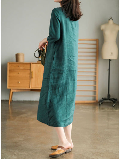 V Neck 1/2 Sleeve Gathered Loose Cotton Dress