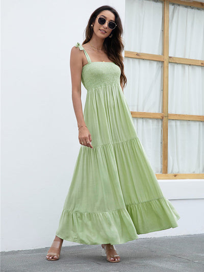 Tie Strap Smocked Tiered  Maxi Dress