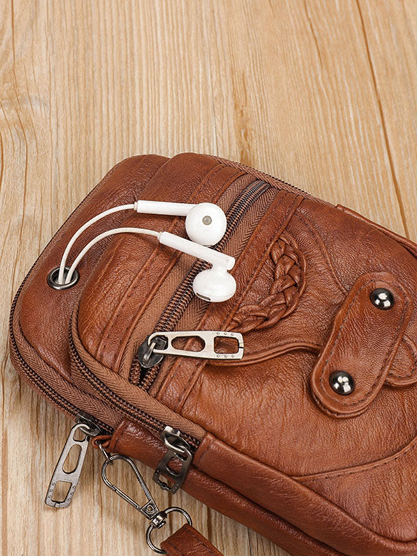 Vintage-Inspired Studded Washed Leather Crossbody Bag