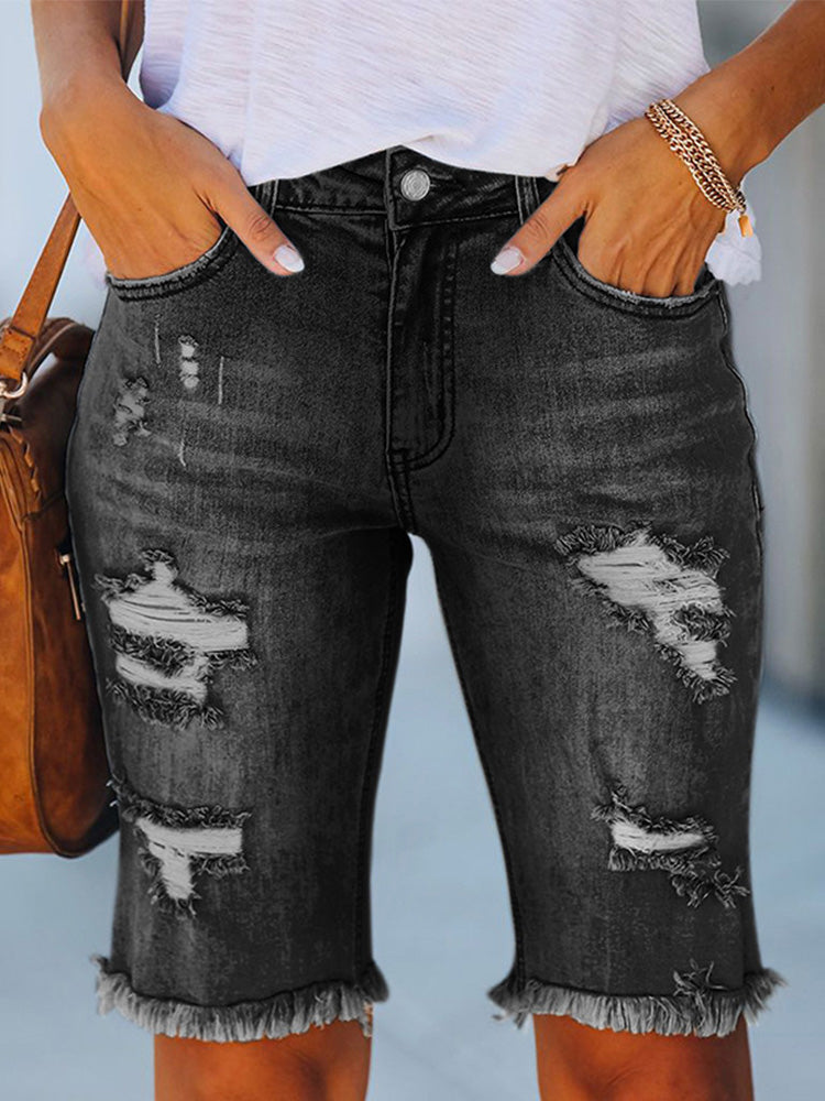 Ripped Raw Hem Denim Shorts Distressed Stretchy Jean Shorts – Madepants