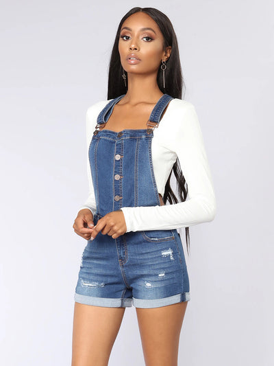 Adjustable Strap Button Front Denim Rompers - Medium Blue