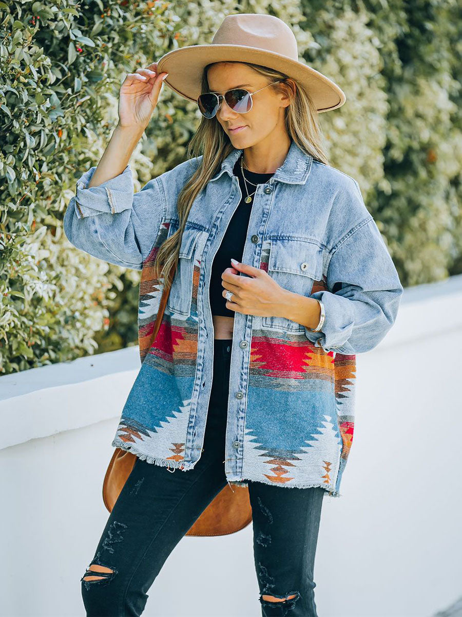 Aztec Woven Panel Denim Jacket