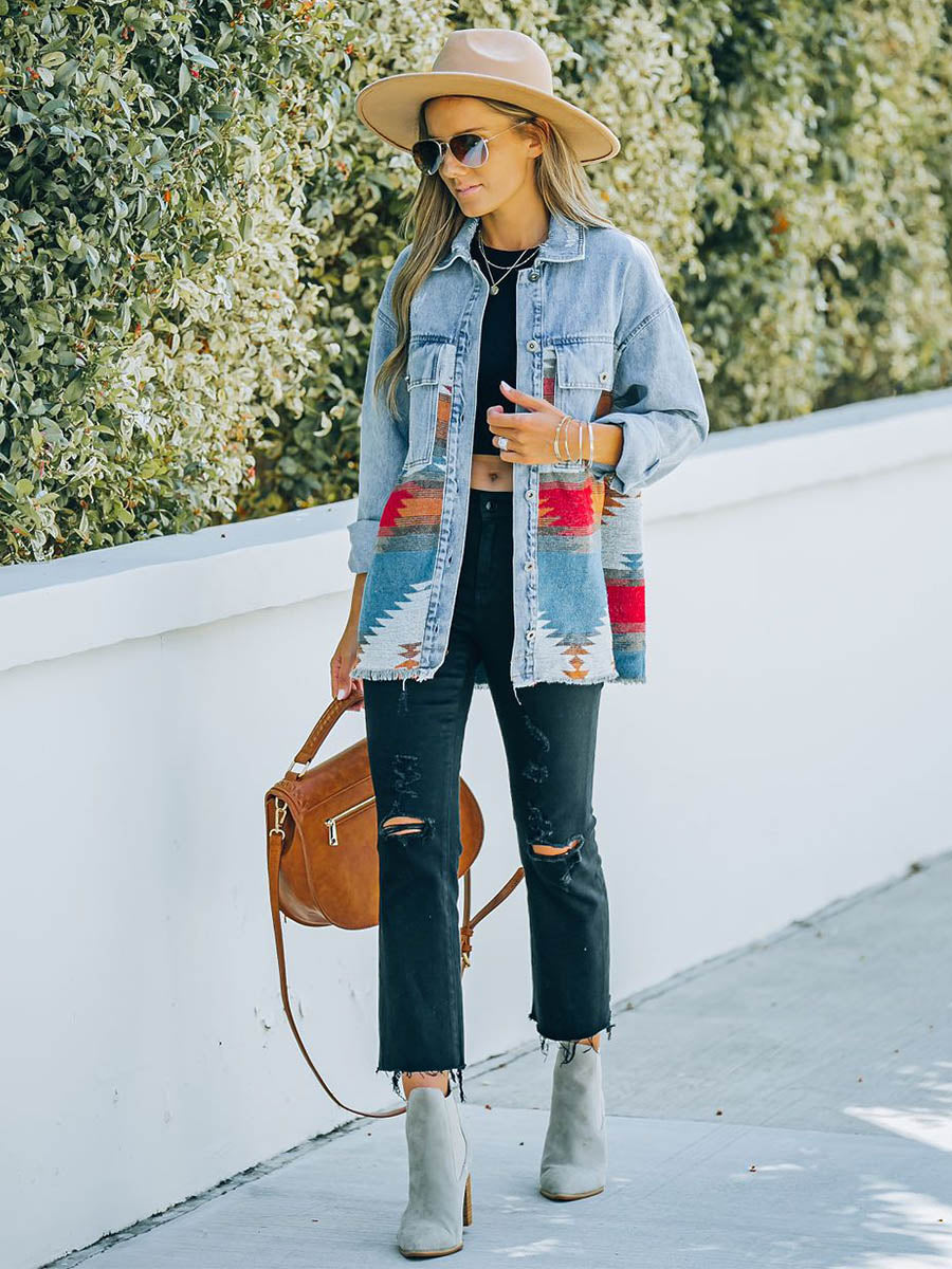 Aztec Woven Panel Denim Jacket