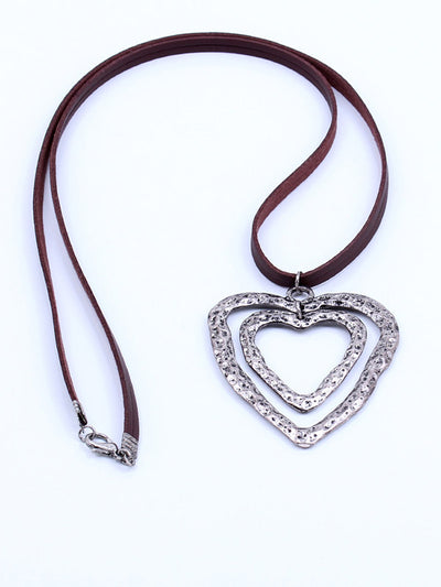 Double Heart Brown Long Pendant Necklace