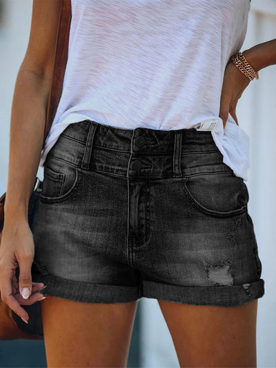 High Rise Double Button Cuffed Distressed Denim Shorts