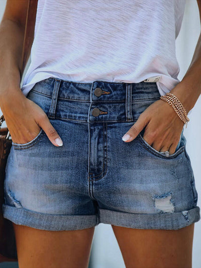 High Rise Double Button Cuffed Distressed Denim Shorts