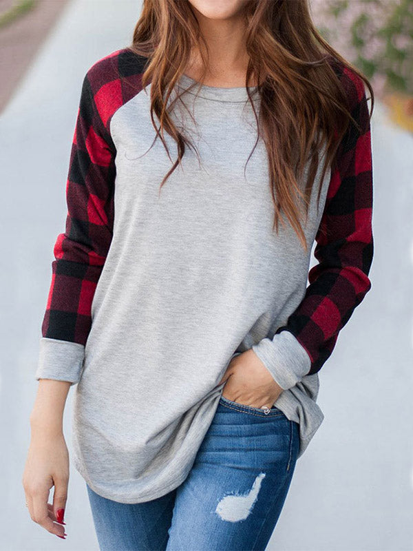 Keep It Cozy Plaid Raglan Sleeve Top - Light Gray