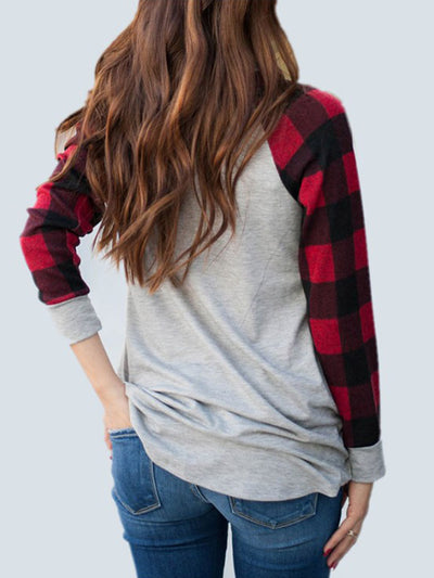 Keep It Cozy Plaid Raglan Sleeve Top - Light Gray