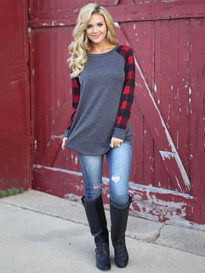 Keep It Cozy Plaid Raglan Sleeve Top - Dark Gray