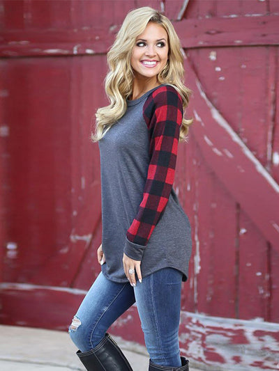 Keep It Cozy Plaid Raglan Sleeve Top - Dark Gray