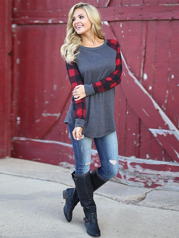 Keep It Cozy Plaid Raglan Sleeve Top - Dark Gray