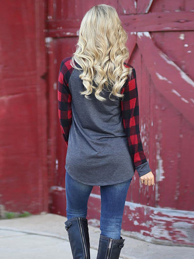 Keep It Cozy Plaid Raglan Sleeve Top - Dark Gray