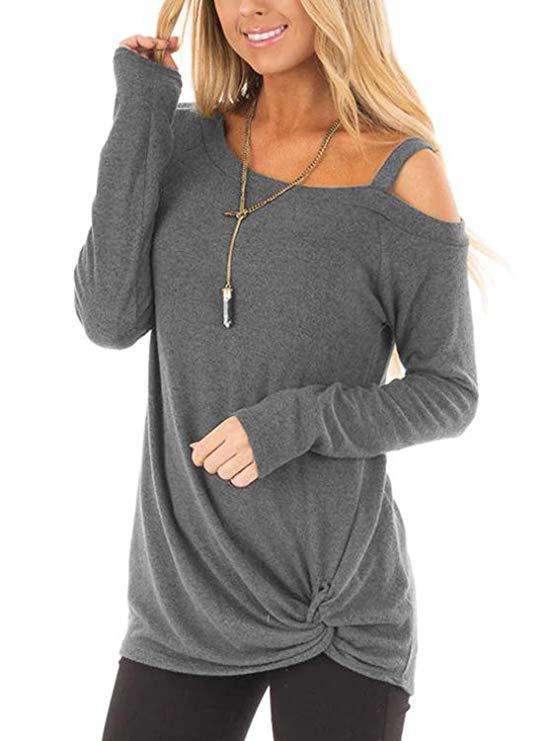 Knotted Cold Shoulder Long Sleeve T-Shirt - Light Gray