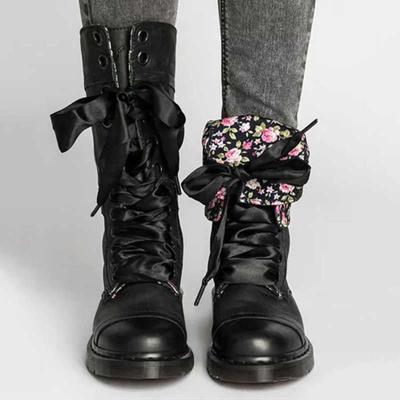 Madepants Mid-calf Punk Style Lace Up Boots Black Front