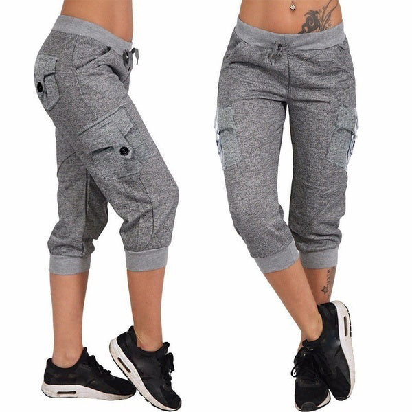 Light gray knitted jogger capris with four cargo pockets and two front pockets from www.madepants.com