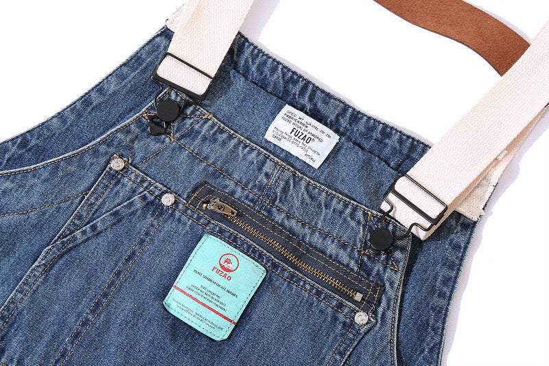 Salopette multi-poches à bretelles en denim vieilli