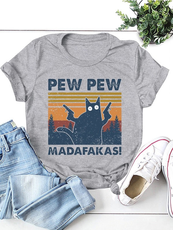 Pew Pew Cat Graphic Printed T-Shirt Gray
