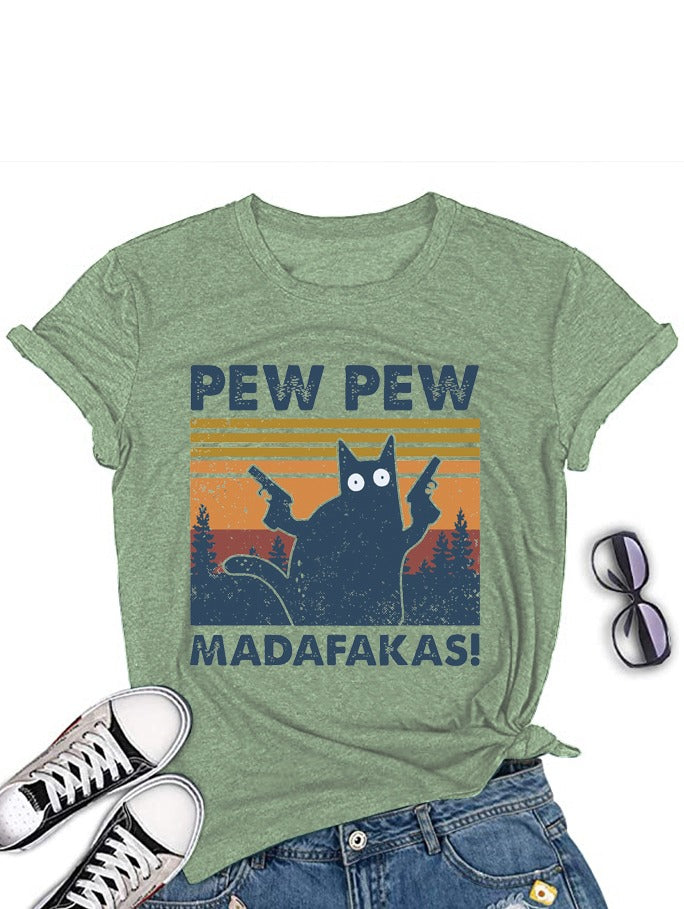 Pew Pew Cat Graphic Printed T-Shirt Green