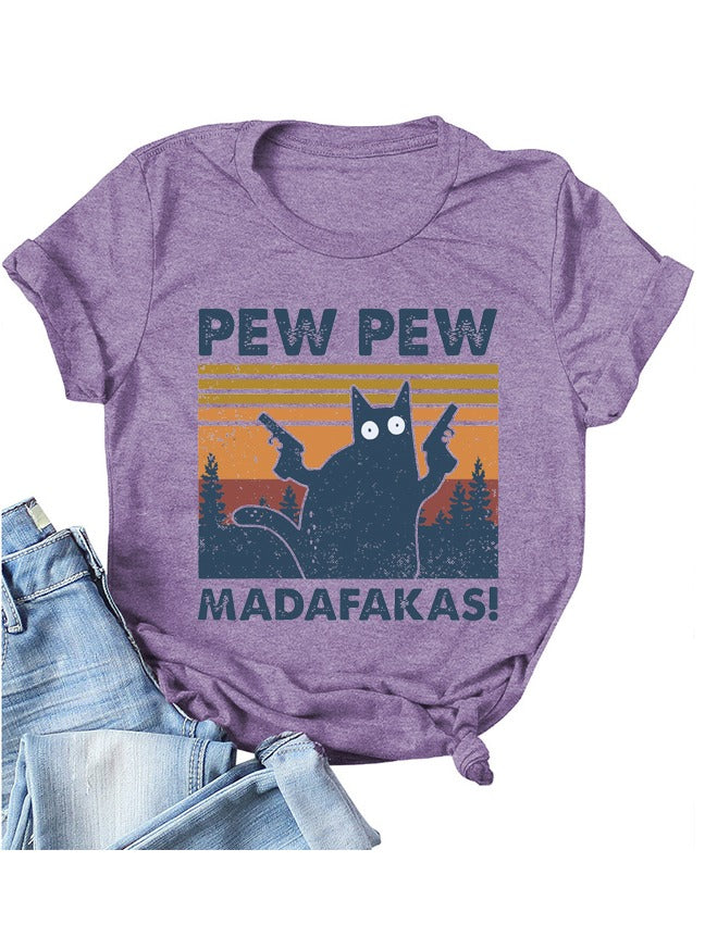 Pew Pew Cat Graphic Printed T-Shirt Purple