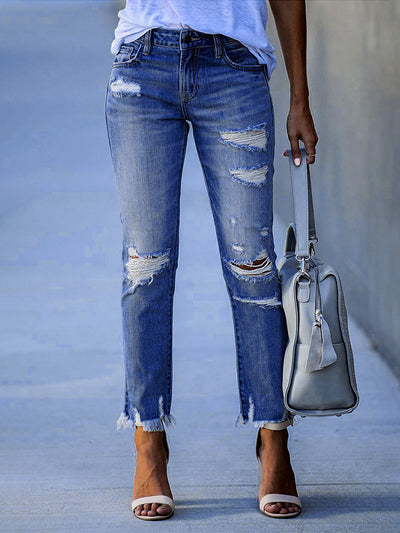 Raw Hem Distressed Ankle Jeans