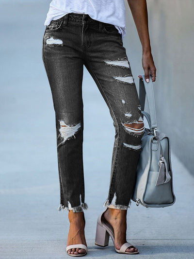 Raw Hem Distressed Ankle Jeans