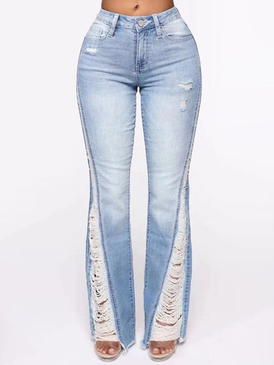 Side Seam Ripped Flare Jeans - Light Blue