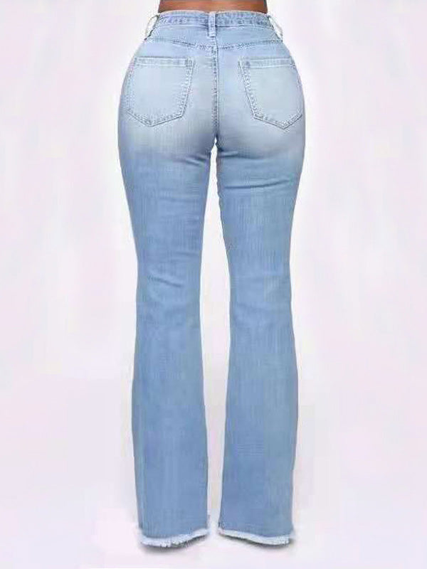 Side Seam Ripped Flare Jeans - Light Blue