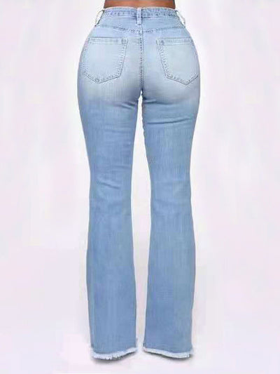 Side Seam Ripped Flare Jeans - Light Blue