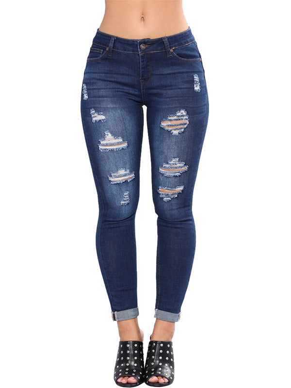 Stretch Denim Ripped Ankle Jeans