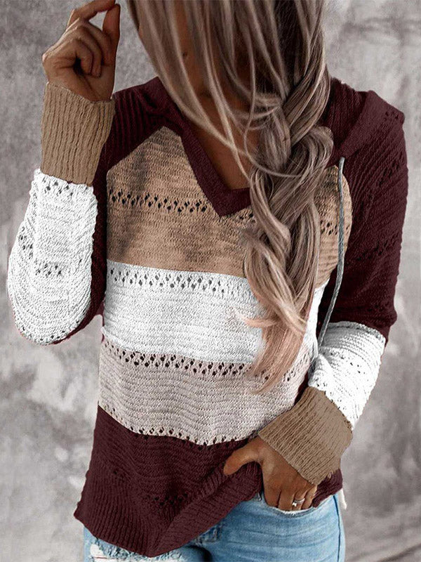 Western Cowgirl Colorblock Knitted Hoodie - Burgundy