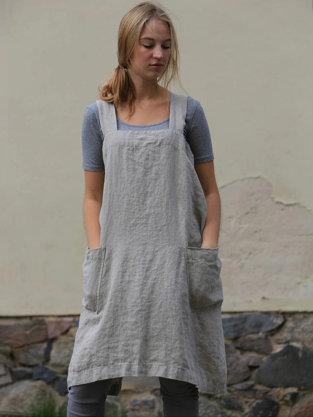 Square Cross Cotton and Linen Pinafore Apron with Deep Pockets