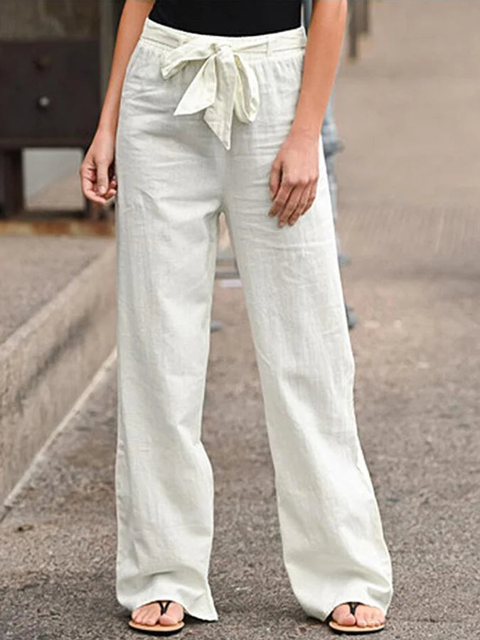 Pantalones sueltos de lino y algodón de color liso con cintura elástica para mujer