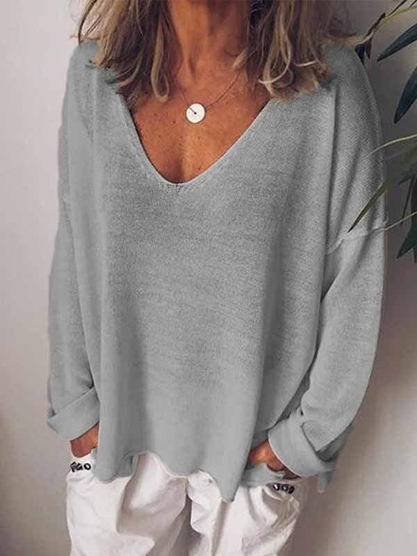 wiccous.com Plus Size Tops Grey / S Casual Solid Color Long-Sleeved T-Shirt