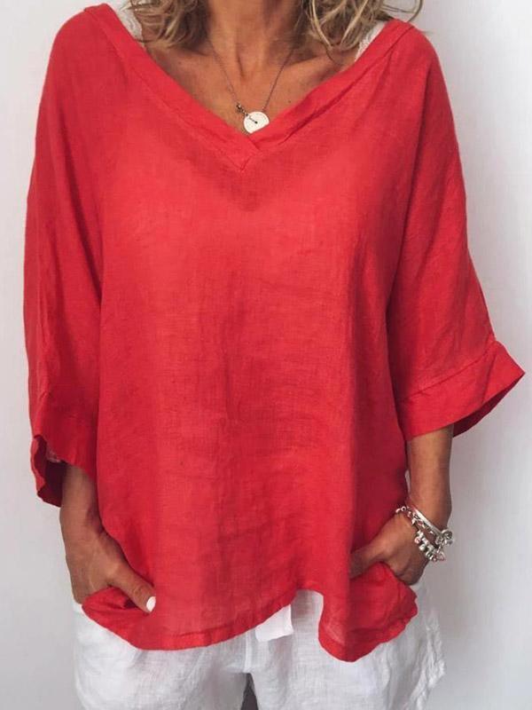 Casual Solid V Neck 3/4 Sleeve Tops