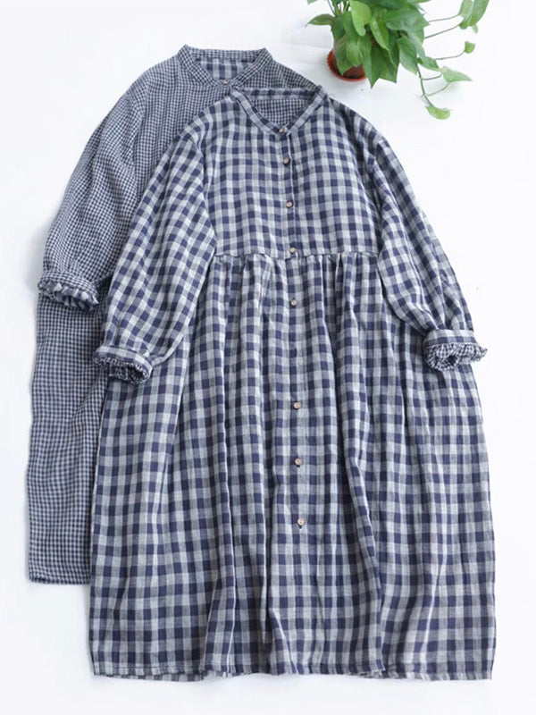 Robe mi-longue à carreaux et col roulé en coton