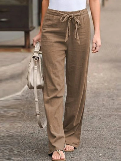 Pantalones sueltos de lino y algodón de color liso con cintura elástica para mujer